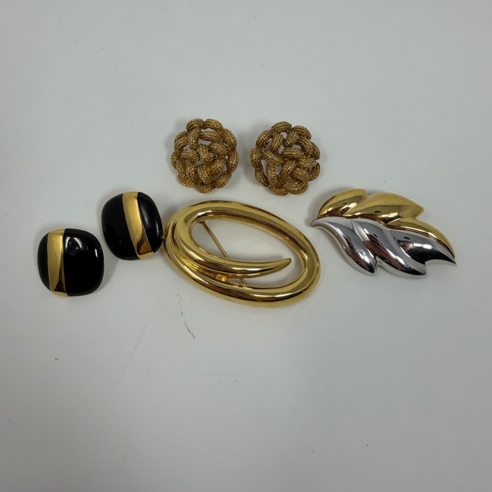 Monet Gold Tone Black Oval Clip On Earrings & Brooch Set